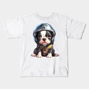 Boston Terrier Dog in Helmet Kids T-Shirt